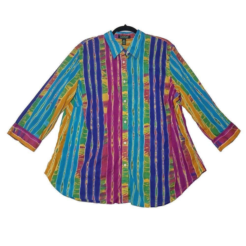 Lauren Ralph Lauren Button-Up Blouse Button Shirt 2XL Tie Dye Striped #1076